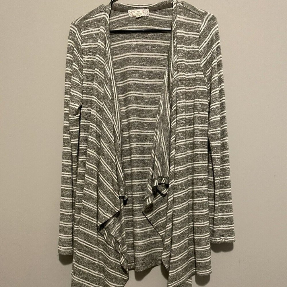 Pink Republic Cardigan Women’s Medium Green Striped Knit Open Front Sweater